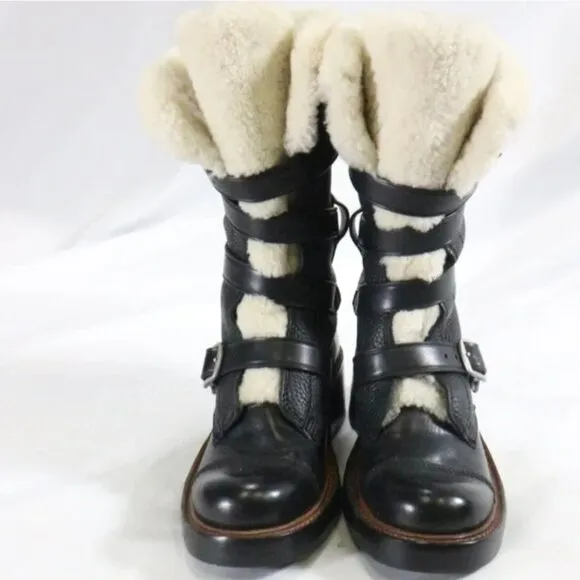 COACH Moto Shearling Pebbled Leather Buckle Boots NEW Sz 5 US Wmn Shipped in Box
