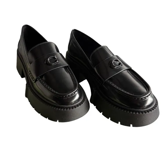 Coach Platform Loafers NWB Lug Sole Chunky Heel Black Leather Size 6