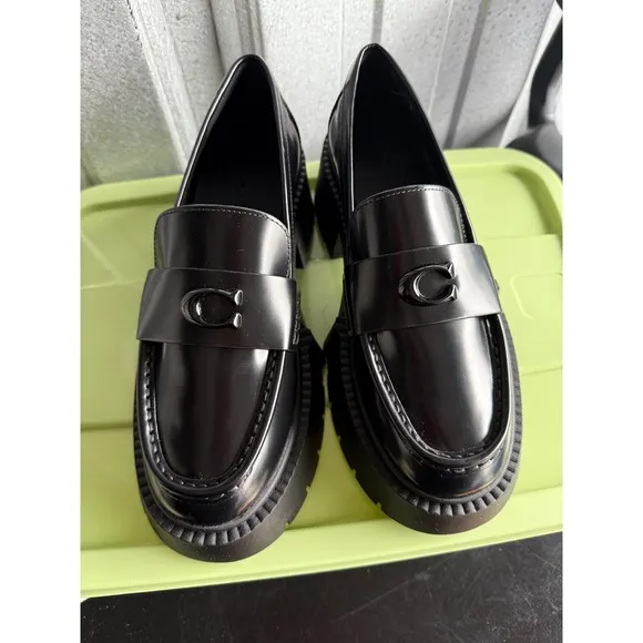 Coach Platform Loafers NWB Lug Sole Chunky Heel Black Leather Size 6