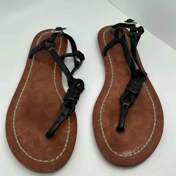 Coach Sawyer Soft Nappa Black Leather Slingback Thong Flats Sandals Size 6B