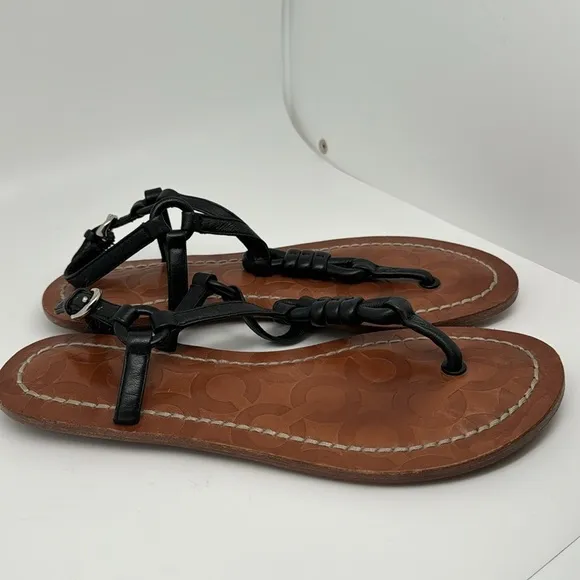 Coach Sawyer Soft Nappa Black Leather Slingback Thong Flats Sandals Size 6B