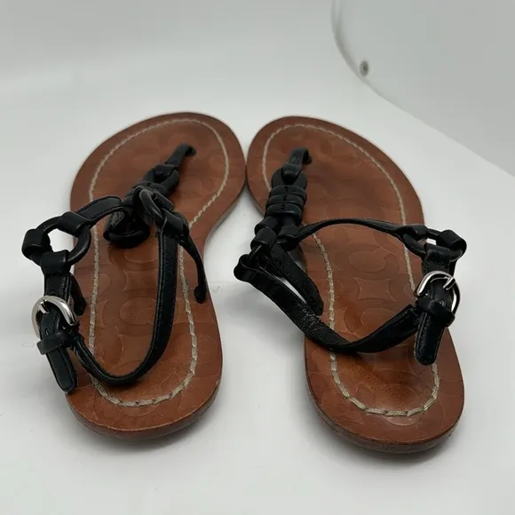 Coach Sawyer Soft Nappa Black Leather Slingback Thong Flats Sandals Size 6B