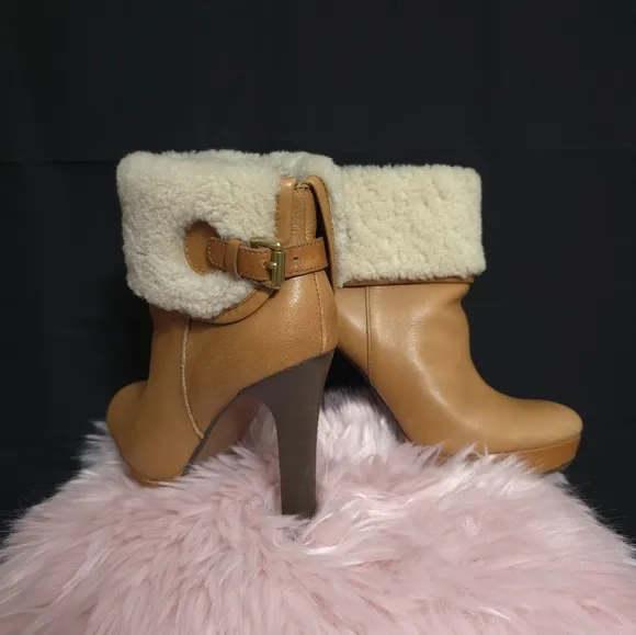 Coach Shearling Boots Apple Leather High Heel Luggage Brown Size 6.5
