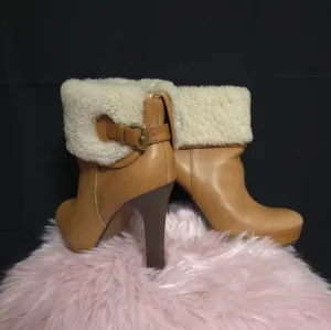 Coach Shearling Boots Apple Leather High Heel Luggage Brown Size 6.5