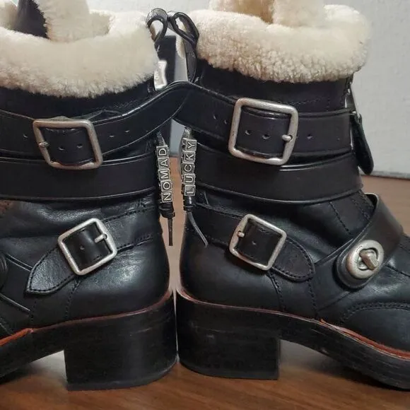 COACH Women's Black‎ Leather Zip Strap Moto Boots Natural Colored Shearling 5B