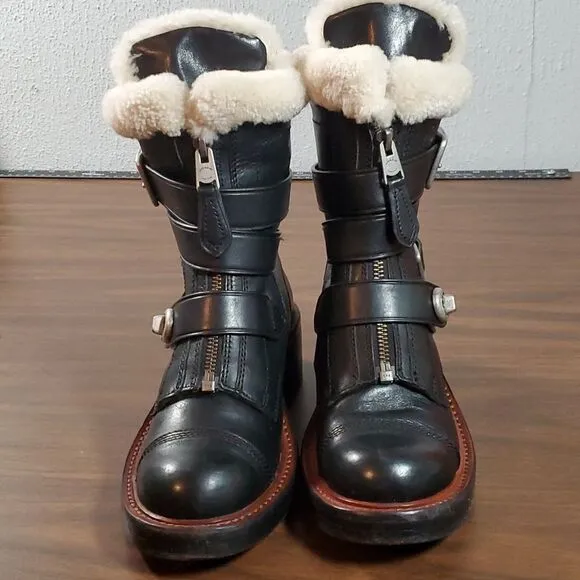 COACH Women's Black‎ Leather Zip Strap Moto Boots Natural Colored Shearling 5B