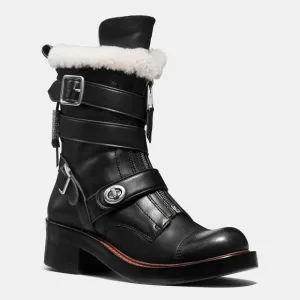 COACH Women's Black‎ Leather Zip Strap Moto Boots Natural Colored Shearling 5B