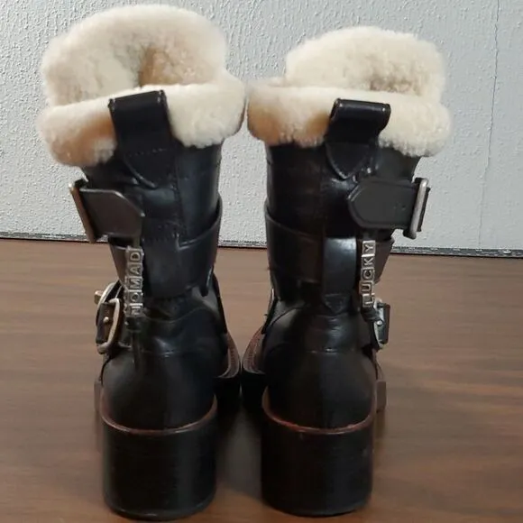 COACH Women's Black‎ Leather Zip Strap Moto Boots Natural Colored Shearling 5B