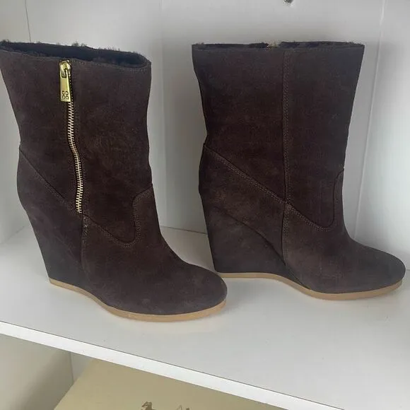 Coach Danee Suede Shearling Shaft Ankle Boots Chestnut Brown 7.5