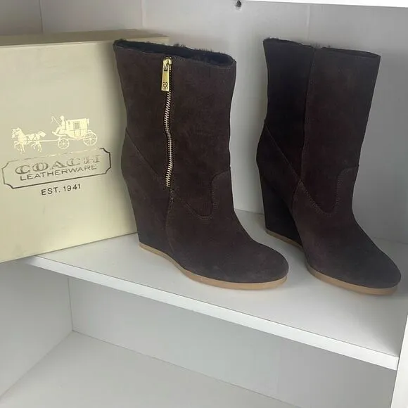 Coach Danee Suede Shearling Shaft Ankle Boots Chestnut Brown 7.5