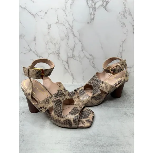Cole Haan Sandals Womens Size 5.5B Leather Snakeskin Print Ankle Strap Heels