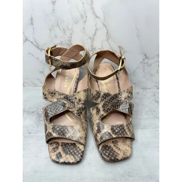 Cole Haan Sandals Womens Size 5.5B Leather Snakeskin Print Ankle Strap Heels