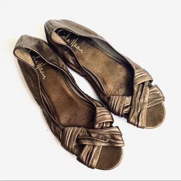 COLE HAAN NIKE AIR BRONZE LEATHER PEEP TOE FLATS