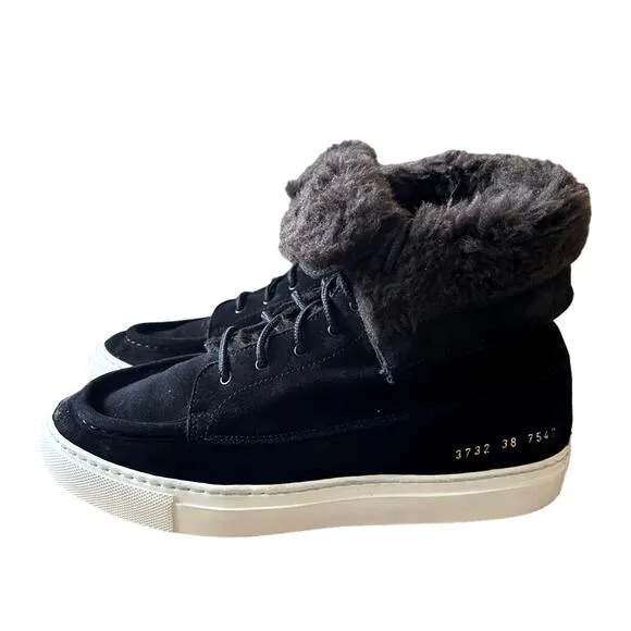 Common Projects Womans 8 Shearling Suede Foldable Boots High Top Sneakers Black
