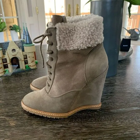 Comptoir Des Cotonniers Shearling Trimmed Gray Suede Wedge Bootie sz 37 …