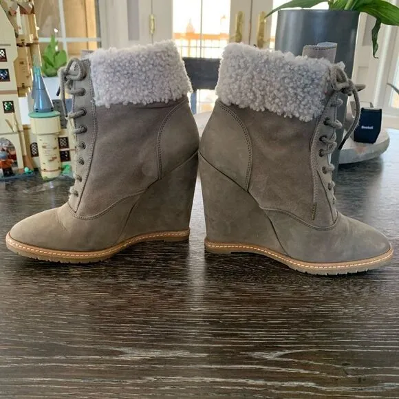 Comptoir Des Cotonniers Shearling Trimmed Gray Suede Wedge Bootie sz 37 …