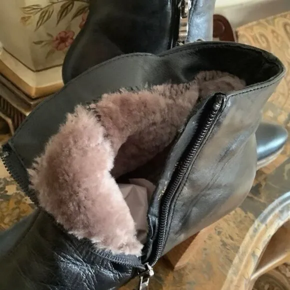 COPY - WOMAN SHEARLING FULLY LINED HEELED BLACK LEATHER ZIPPER ANKLE BOOTS EU 3…