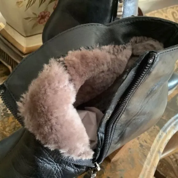 COPY - WOMAN SHEARLING FULLY LINED HEELED BLACK LEATHER ZIPPER ANKLE BOOTS EU 3…