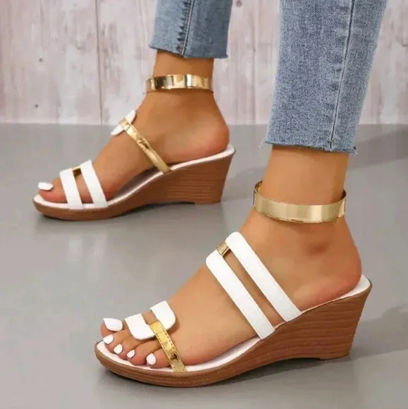 COPY - Women Metallic Detail Wedge Slide Sandals, Fashion Summer Sandals