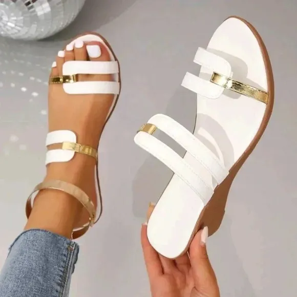 COPY - Women Metallic Detail Wedge Slide Sandals, Fashion Summer Sandals