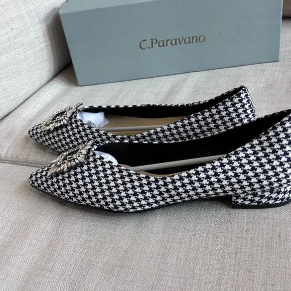C.Paravano Women’s Crystal Buckle Tweed Flats (Aida) Size 41 10.5us Black &amp;White