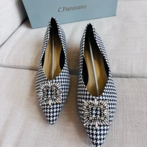 C.Paravano Women’s Crystal Buckle Tweed Flats (Aida) Size 41 10.5us Black &amp;White