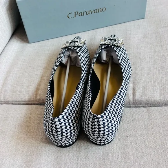 C.Paravano Women’s Crystal Buckle Tweed Flats (Aida) Size 41 10.5us Black &amp;White