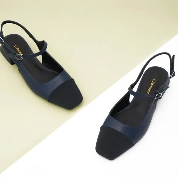 C.Paravano Navy Leather Square Toe Slingback Flats