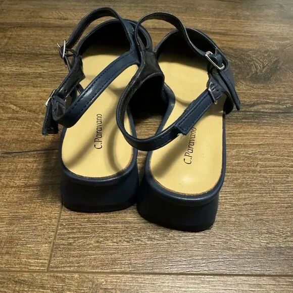 C.Paravano Navy Leather Square Toe Slingback Flats