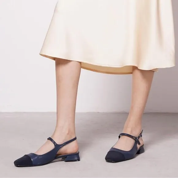 C.Paravano Navy Leather Square Toe Slingback Flats