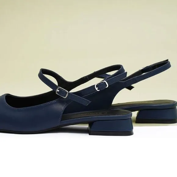 C.Paravano Navy Leather Square Toe Slingback Flats