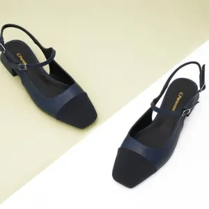 C.Paravano Navy Leather Square Toe Slingback Flats