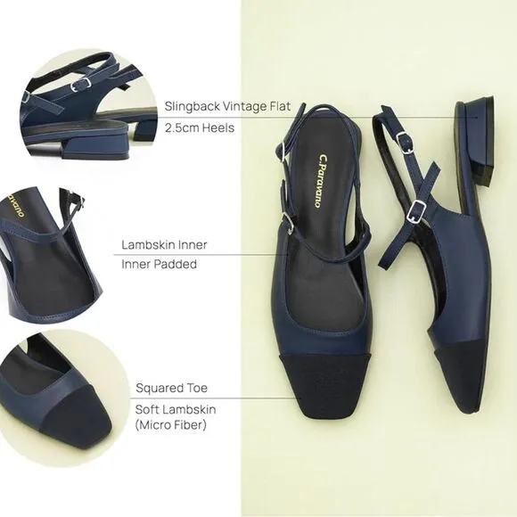 C.Paravano Navy Leather Square Toe Slingback Flats