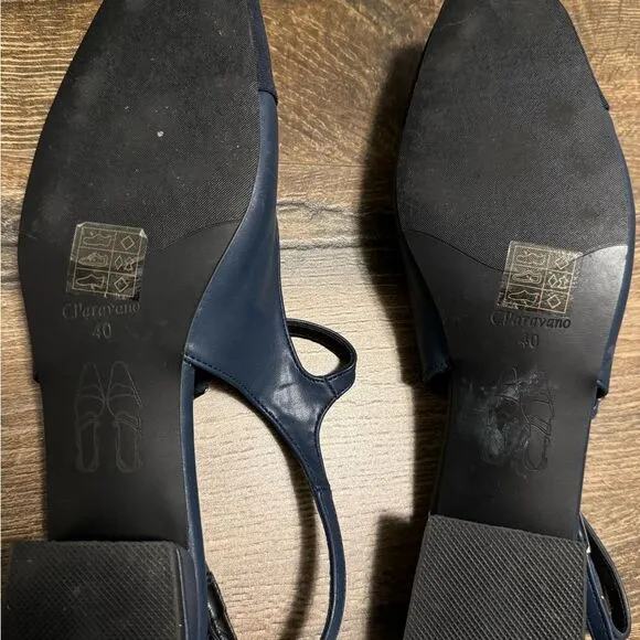 C.Paravano Navy Leather Square Toe Slingback Flats