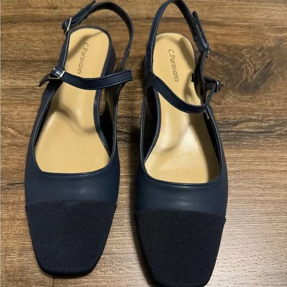 C.Paravano Navy Leather Square Toe Slingback Flats