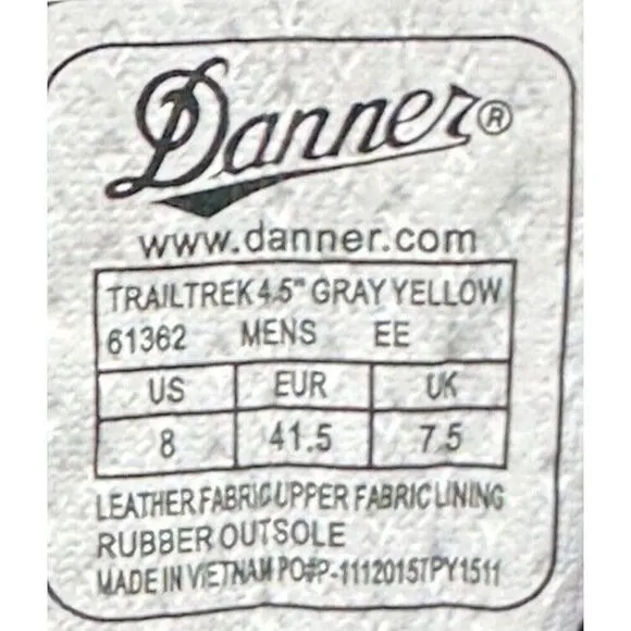 Danner Mens Trailtrek 4.5&quot; Hiking Boots Gray &amp; Yellow Leather/Fabric Up US 8 EE