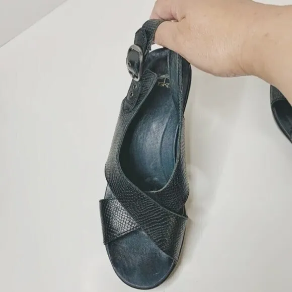 Dansko Jacinda Black Leather Snakeskin Wedge Strappy Sandals