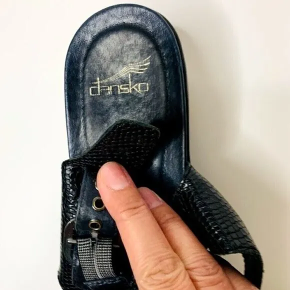 Dansko Jacinda Black Leather Snakeskin Wedge Strappy Sandals