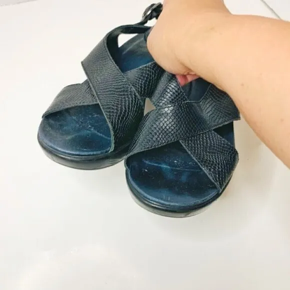 Dansko Jacinda Black Leather Snakeskin Wedge Strappy Sandals