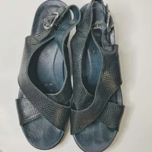 Dansko Jacinda Black Leather Snakeskin Wedge Strappy Sandals
