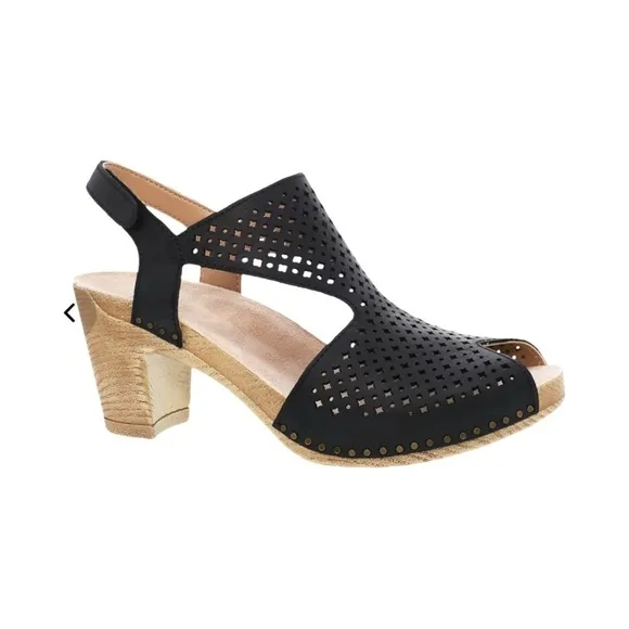Dansko Teagan Perforated Black Leather Heeled Sandals Womens Size 39 VGUC
