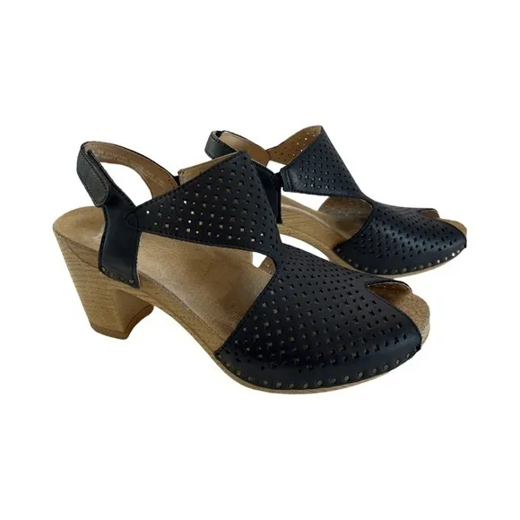 Dansko Teagan Perforated Black Leather Heeled Sandals Womens Size 39 VGUC