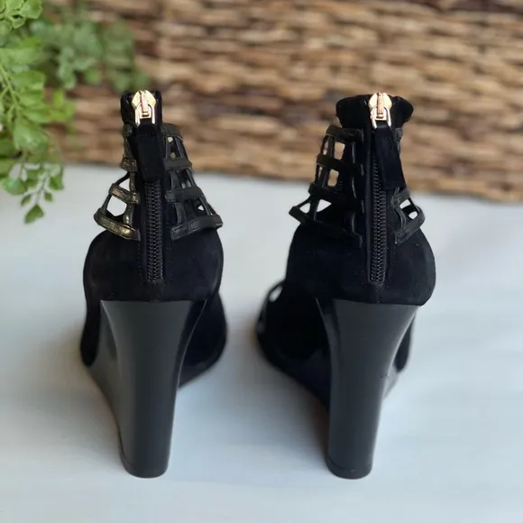 DEREK LAM Wedge Sandal black suede and leather size 7.5