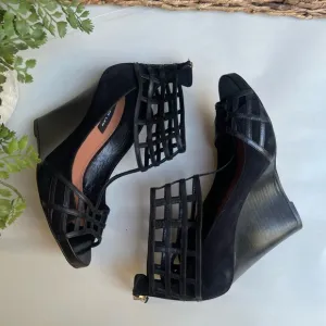 DEREK LAM Wedge Sandal black suede and leather size 7.5