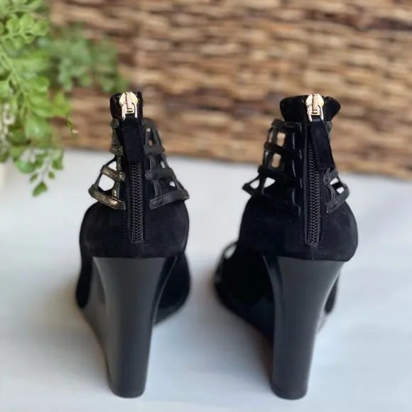 DEREK LAM Wedge Sandal black suede and leather size 7.5