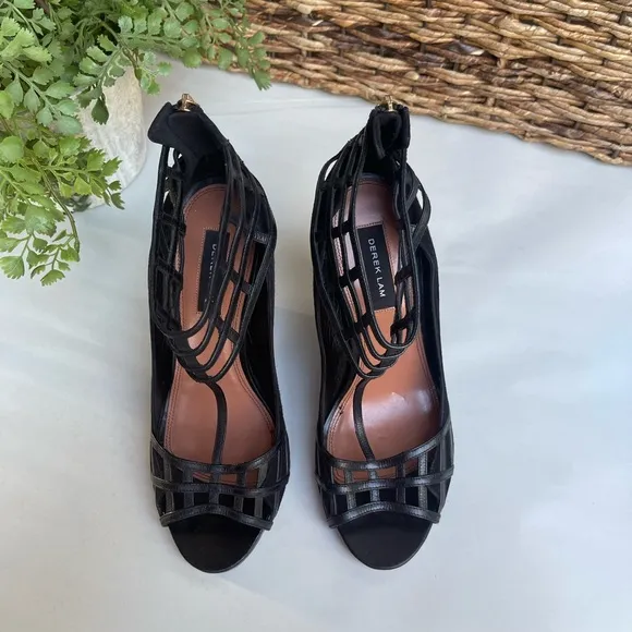 DEREK LAM Wedge Sandal black suede and leather size 7.5