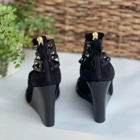 DEREK LAM Wedge Sandal black suede and leather size 7.5