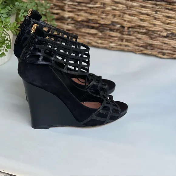 DEREK LAM Wedge Sandal black suede and leather size 7.5