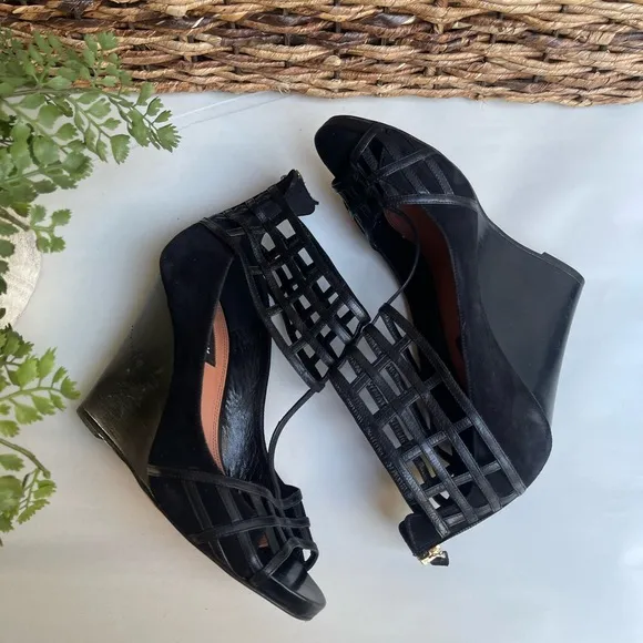 DEREK LAM Wedge Sandal black suede and leather size 7.5