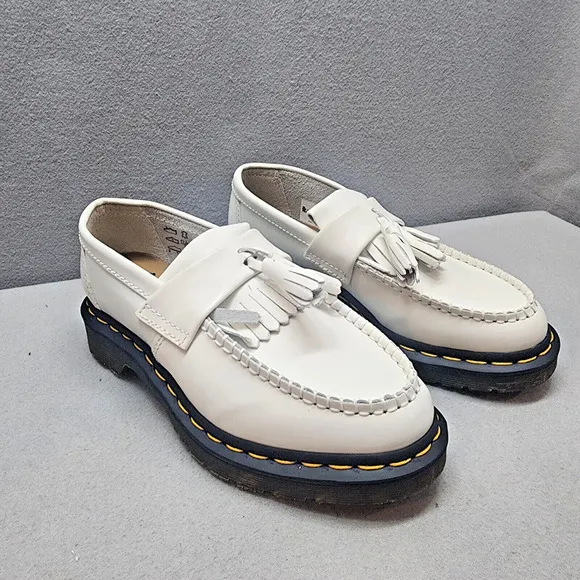 DOC MARTEN ADRIAN YELLOW STITCH WHITE LEATHER TASSEL LOAFERS SIZE M 5 W 6 NWOB